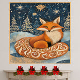 Cozy Winter Fox Canvas – Red Fox with Patterned Tail in Snowy Forest Under Stars and Golden Snowflakes on Ready to Hang 1.5" Thick Canvas Wrap, Floating Framed Canvas, Flat Rolled Canvas